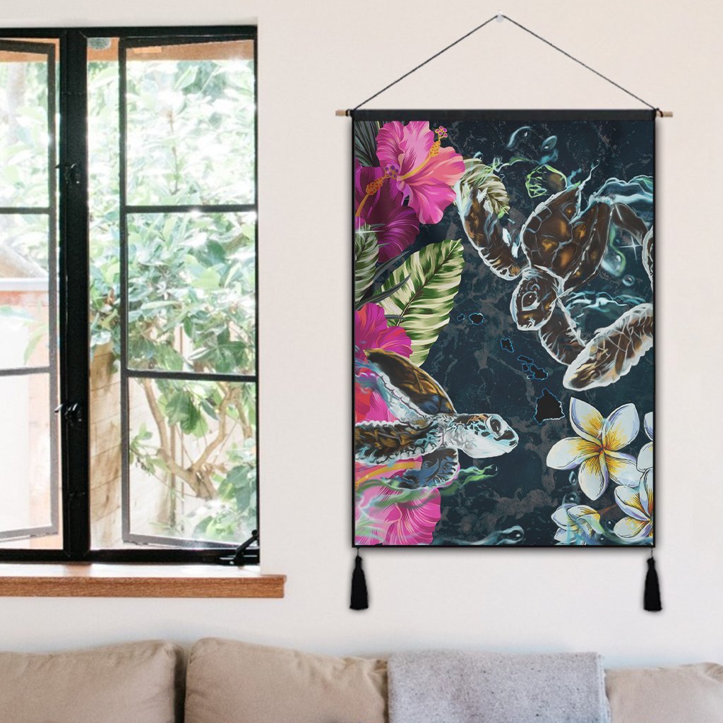 Hawaii Map Turtle Swimming Hibiscus Plumeria Moana Hanging Poster - AH - Polynesian Pride
