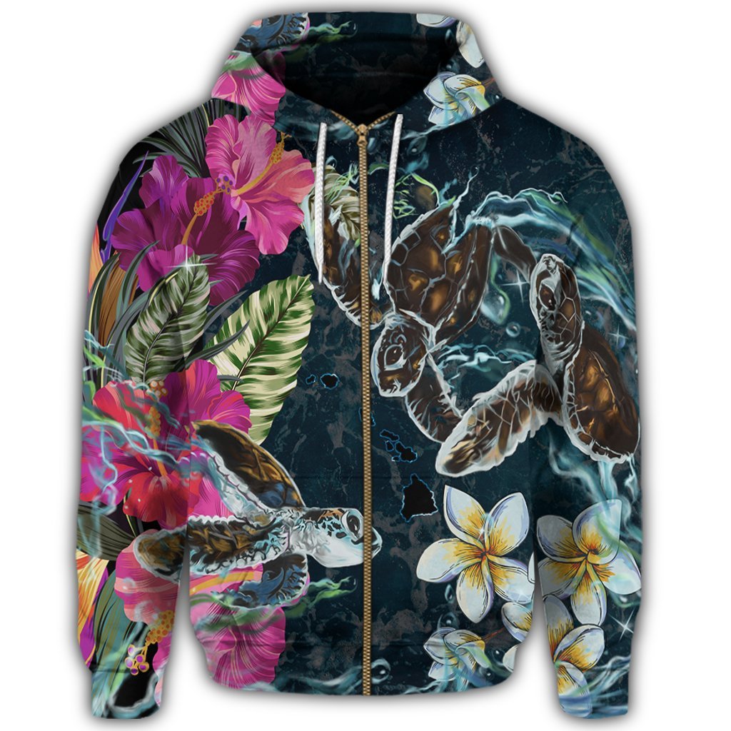 Hawaii Map Turtle Swimming Hibiscus Plumeria Moana Zip Hoodie - Polynesian Pride