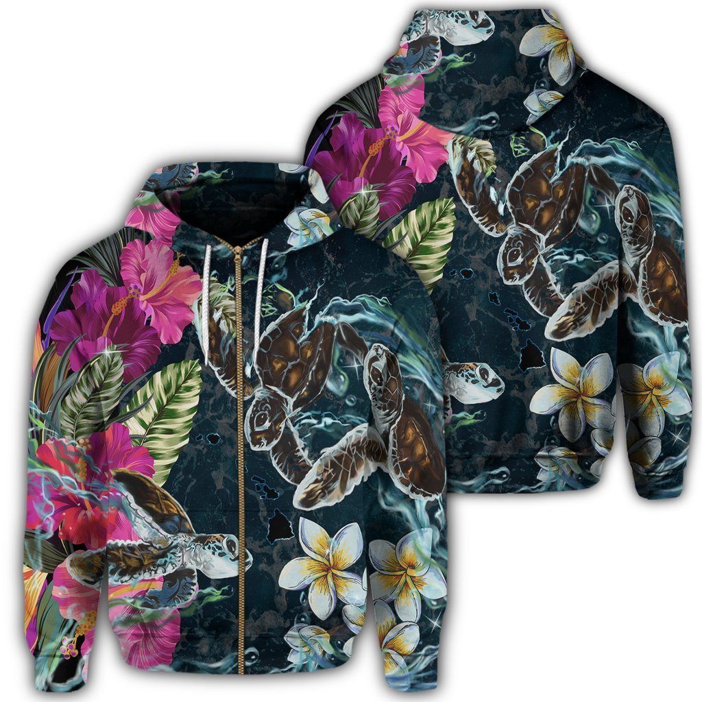 Hawaii Map Turtle Swimming Hibiscus Plumeria Moana Zip Hoodie Unisex Art - Polynesian Pride