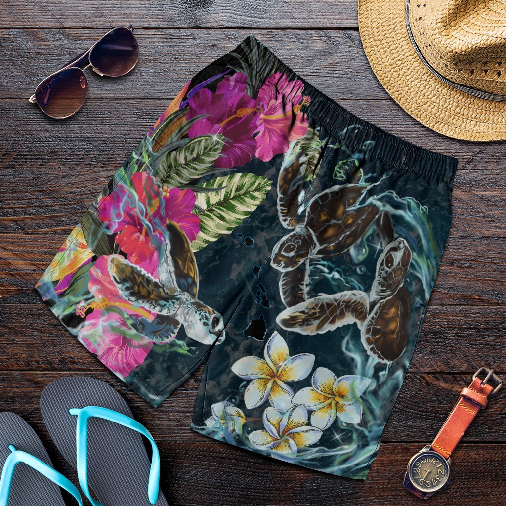 Hawaii Map Turtle Swimming Hibiscus Plumeria Moana Men's Shorts - AH Art - Polynesian Pride