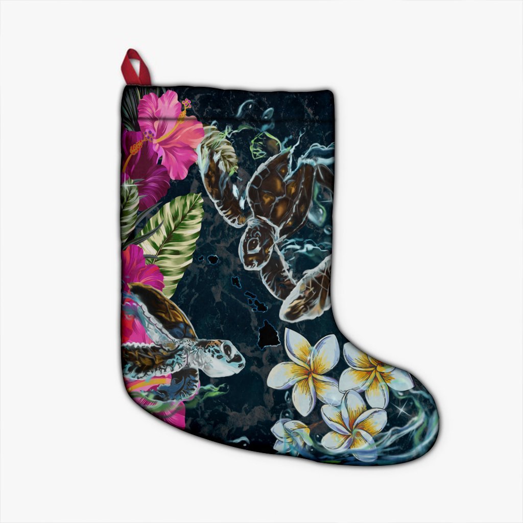 Hawaii Map Turtle Swimming Hibiscus Plumeria Moana Christmas Stocking - AH Christmas Stocking 26 X 42 cm Black - Polynesian Pride