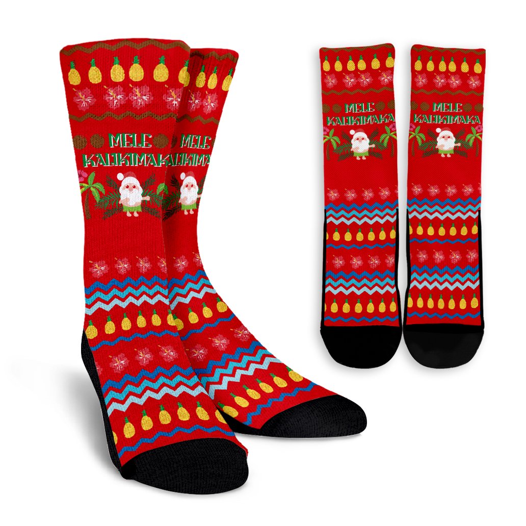 Hawaii Mele Kalikimaka Pattern Christmas Hawaiian Socks - Pon Style - AH Crew Socks Red - Polynesian Pride