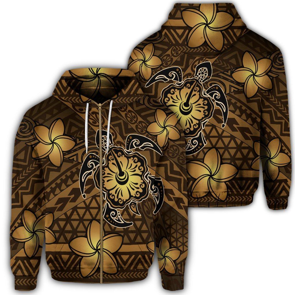 Hawaii Mix Polynesian Turtle Plumeria Zip Hoodie Nick Style Brown Unisex Art - Polynesian Pride
