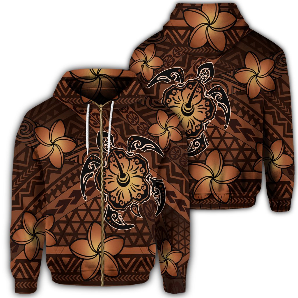 Hawaii Mix Polynesian Turtle Plumeria Zip Hoodie Nick Style Orange Unisex Art - Polynesian Pride