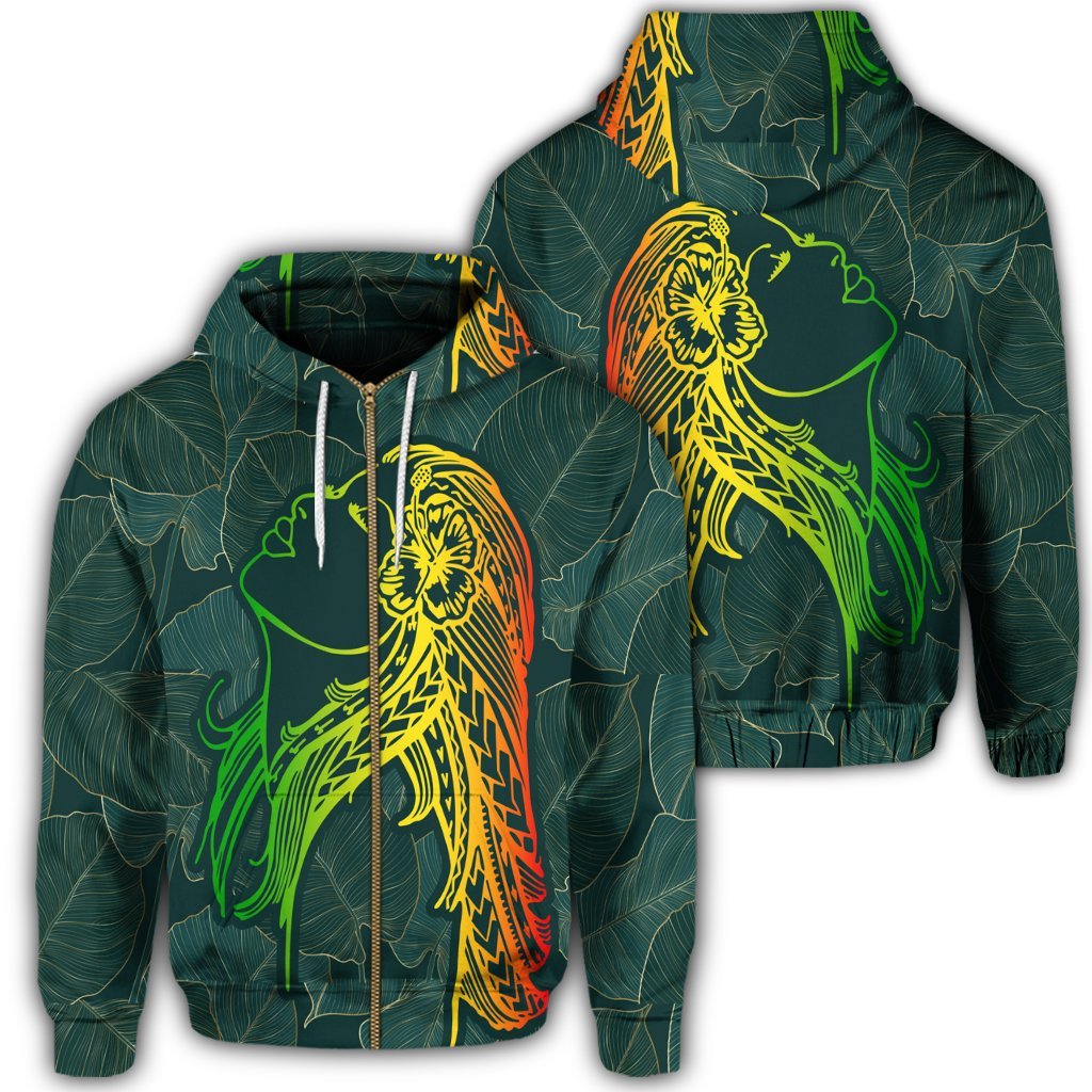 Hawaii Monstera Kalo Hula Girl Kanaka Maoli Zip Hoodie Unisex Art - Polynesian Pride