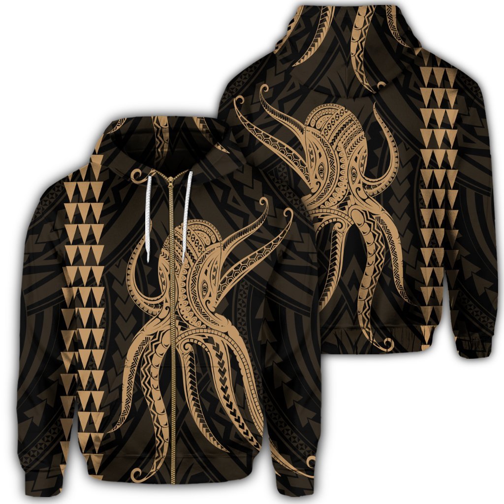 Hawaii Octopus KaKau Polynesian Zip Hoodie Gold Unisex Art - Polynesian Pride