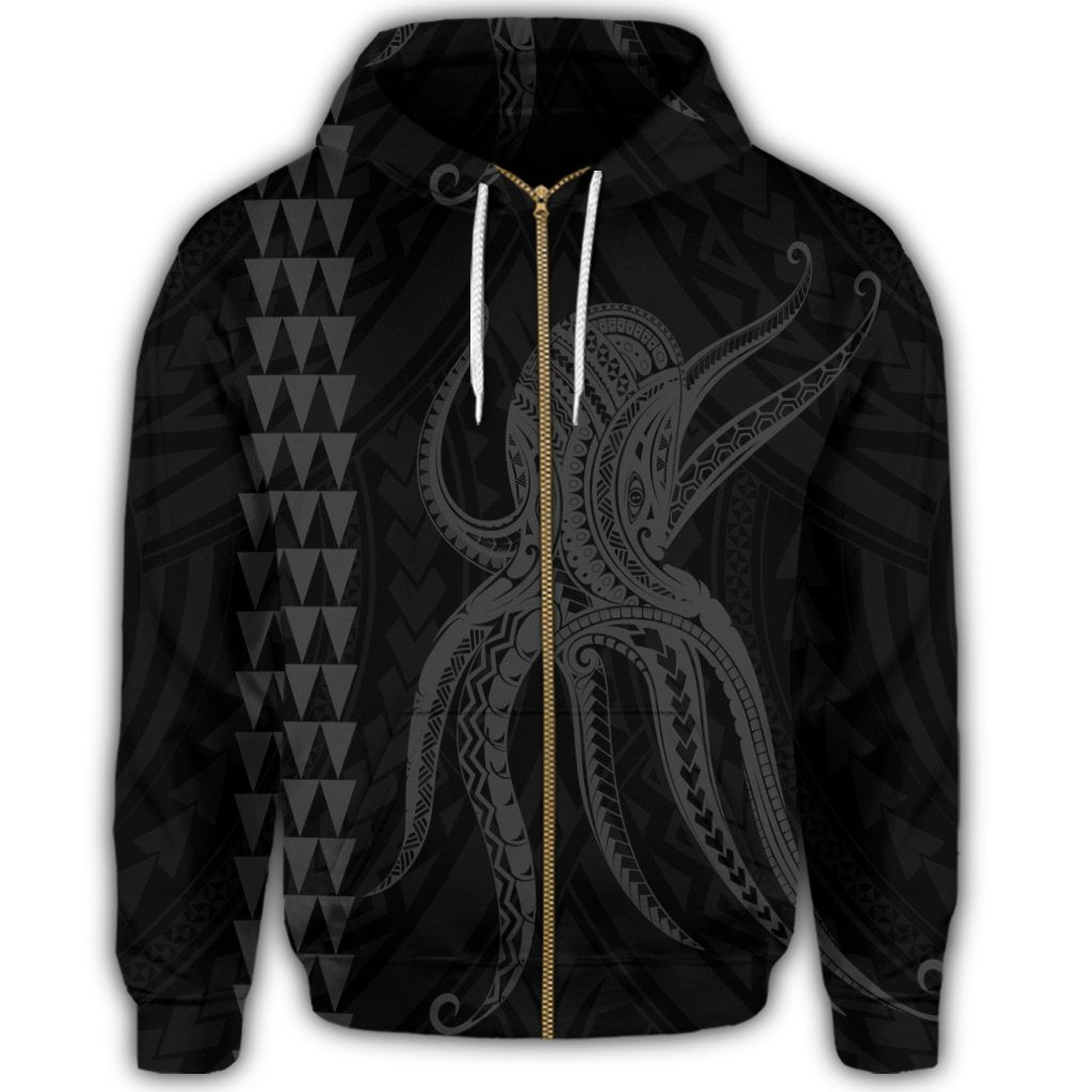 Hawaii Octopus KaKau Polynesian Zip Hoodie Gray - Polynesian Pride