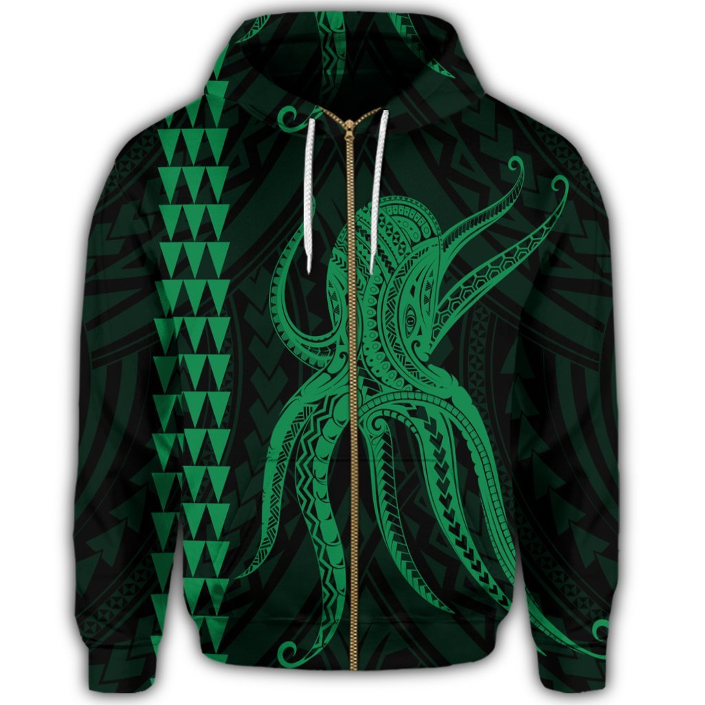 Hawaii Octopus KaKau Polynesian Zip Hoodie Green - Polynesian Pride