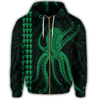 Hawaii Octopus KaKau Polynesian Zip Hoodie Green - Polynesian Pride