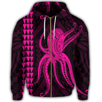 Hawaii Octopus KaKau Polynesian Zip Hoodie Pink - Polynesian Pride