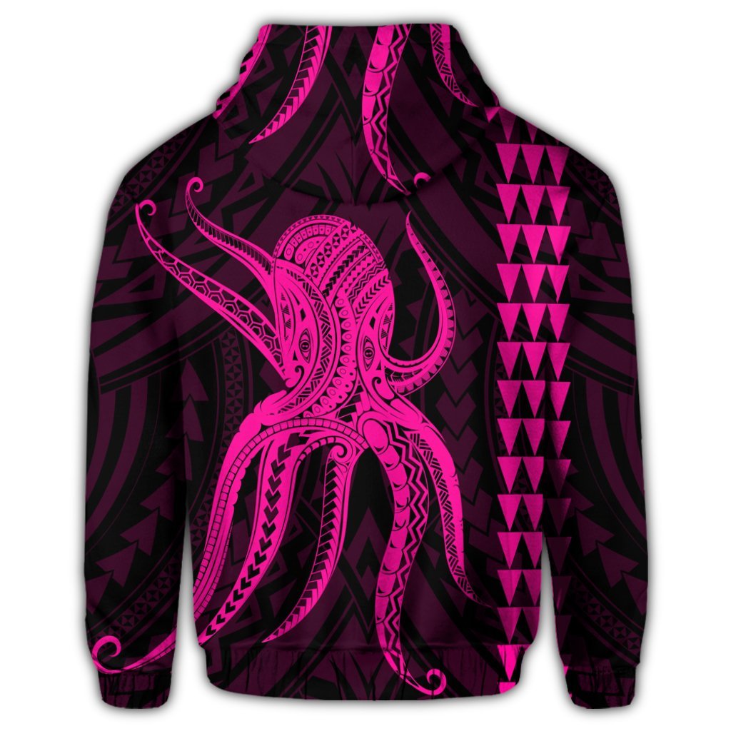 Hawaii Octopus KaKau Polynesian Zip Hoodie Pink - Polynesian Pride