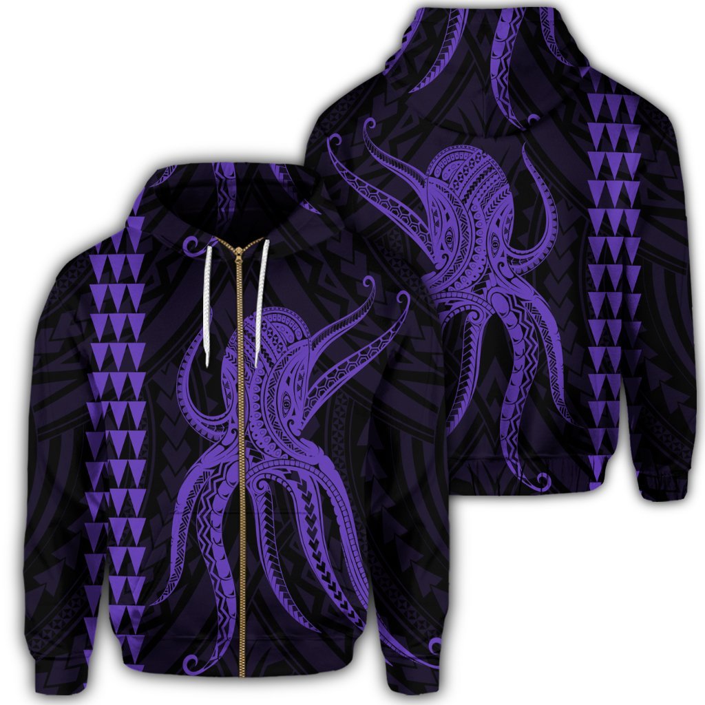 Hawaii Octopus KaKau Polynesian Zip Hoodie Purple Unisex Art - Polynesian Pride