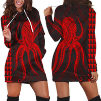 Hawaii Octopus KaKau Polynesian Hoodie Dress - Red - AH Black - Polynesian Pride