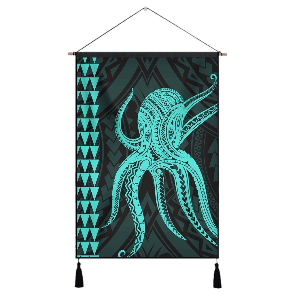 Hawaii Octopus KaKau Polynesian Hanging Poster - Turquoise - AH Hanging Poster Cotton And Linen - Polynesian Pride