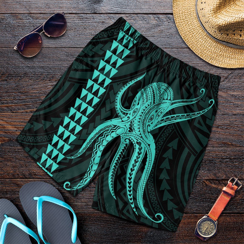 Hawaii Octopus KaKau Polynesian Men's Shorts - Turquoise - AH Art - Polynesian Pride