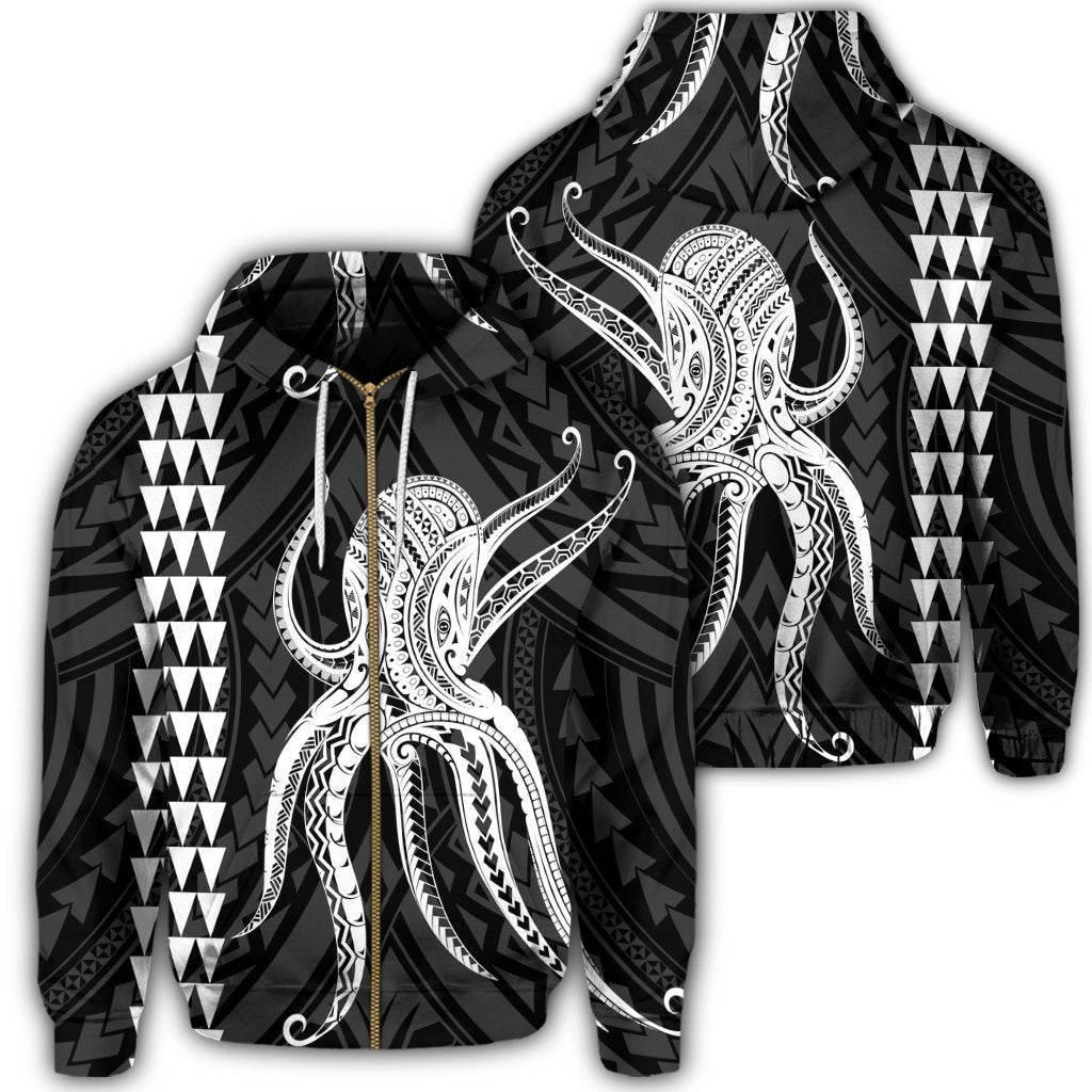 Hawaii Octopus KaKau Polynesian Zip Hoodie White Unisex Art - Polynesian Pride