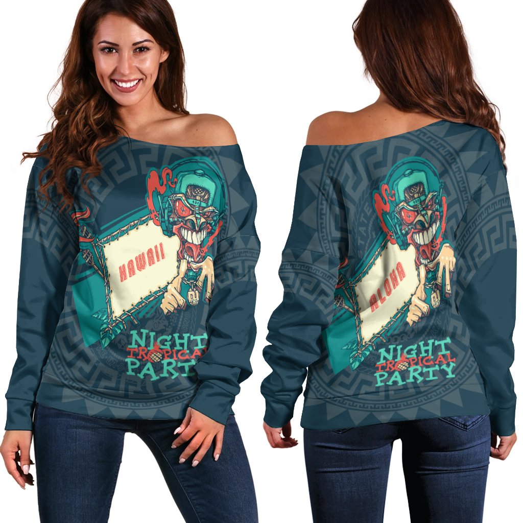 Hawaii Women's Off Shoulder Sweater - Tiki DJ Party Green - Polynesian Pride