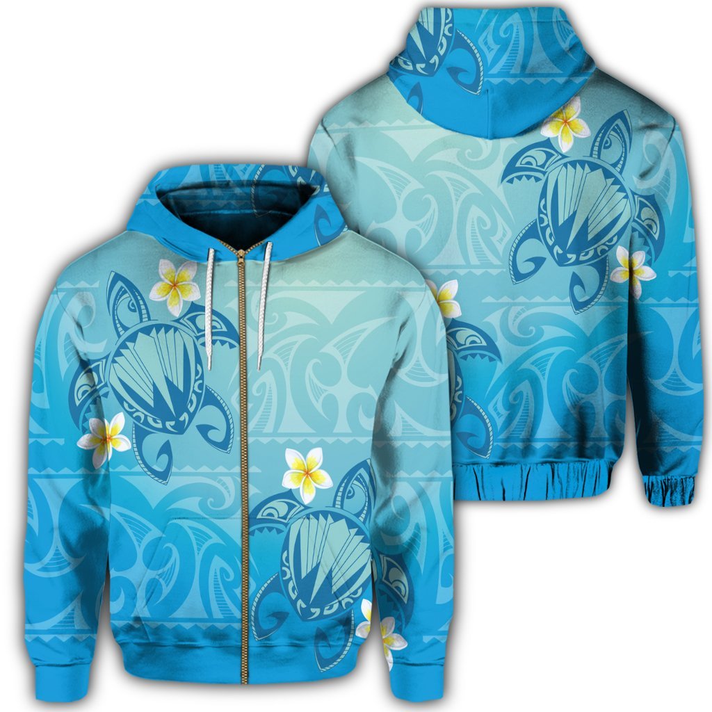 Hawaii Plumeria Deep Blue Turtle Zip Hoodie Unisex Art - Polynesian Pride