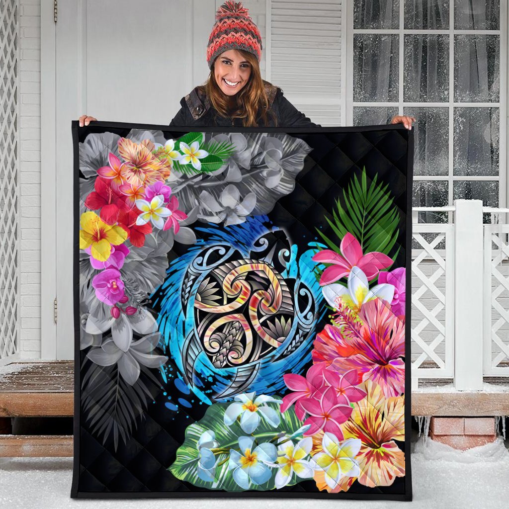 Hawaii Plumeria Hibiscus Wave Turtle Premium Quilts - AH - Polynesian Pride
