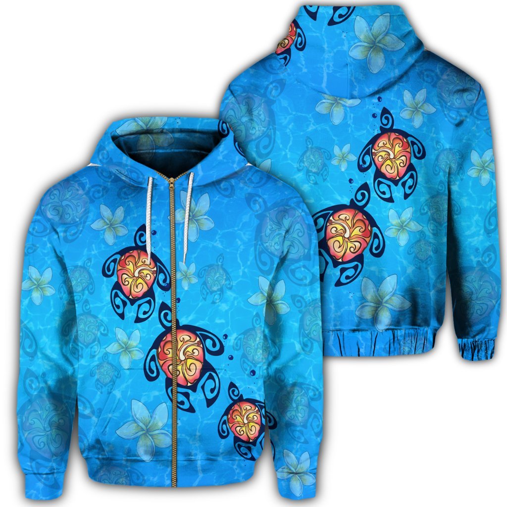 Hawaii Plumeria Turtle In The Ocean Zip Hoodie John Style Unisex Art - Polynesian Pride