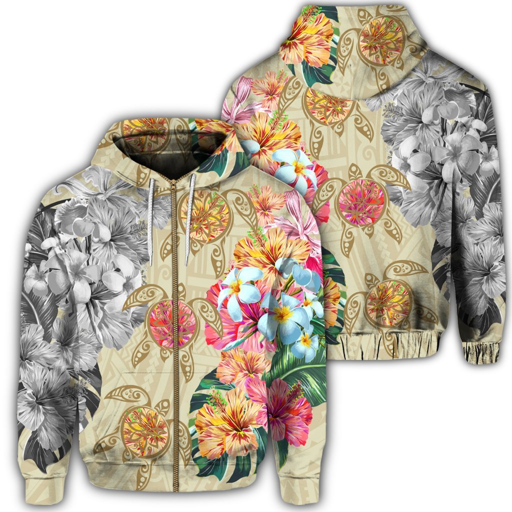 Hawaii Polynesian Flowers Swimming Turtles Zip Hoodie Unisex Art - Polynesian Pride