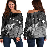 Hawaii Polynesian Hibiscus Turtle Map Women's Off Shoulder Sweater - AH Black - Polynesian Pride