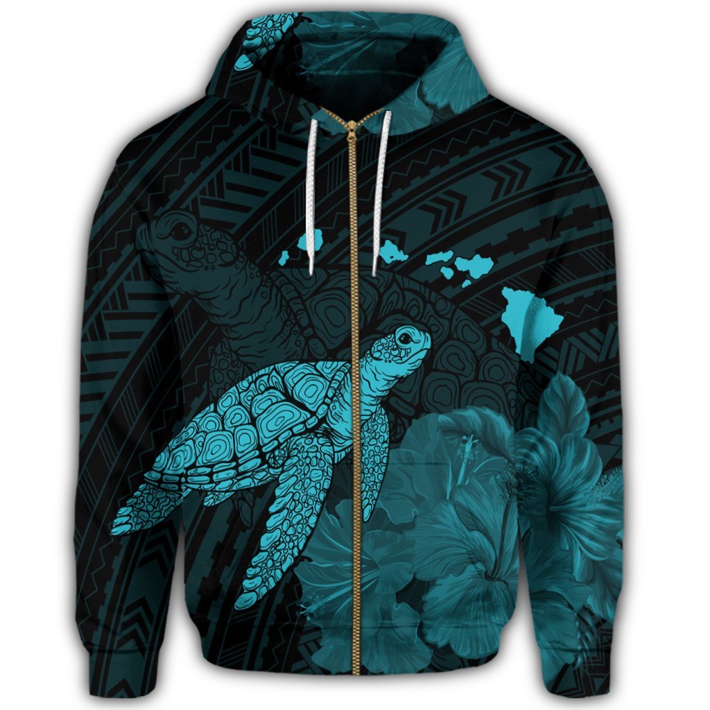 Hawaii Polynesian Hibiscus Turtle Map Zip Hoodie Blue - Polynesian Pride
