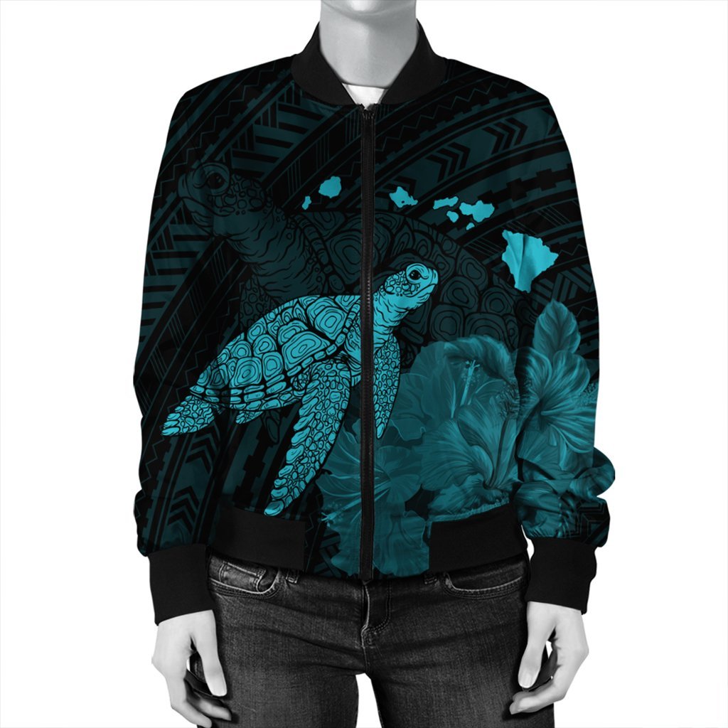 Hawaii Polynesian Hibiscus Turtle Map Bomber Jacket Blue - AH - Polynesian Pride