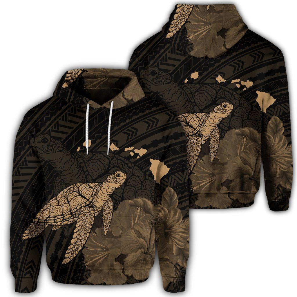 Hawaiian Polynesian Hibiscus Turtle Map Hoodie Gold Unisex Art - Polynesian Pride