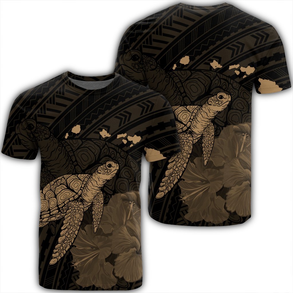 Hawaii Polynesian Hibiscus Turtle Map T Shirt Gold Unisex Black - Polynesian Pride