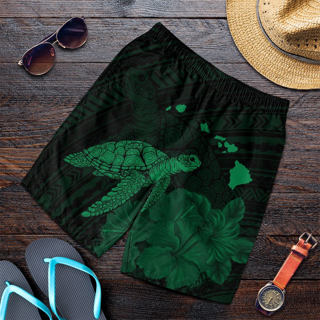 Hawaii Polynesian Hibiscus Turtle Map Men's Shorts Green - AH Art - Polynesian Pride