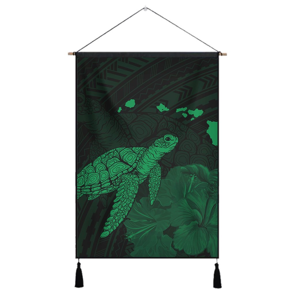 Hawaii Polynesian Hibiscus Turtle Map Hanging Poster Green - AH Hanging Poster Cotton And Linen - Polynesian Pride