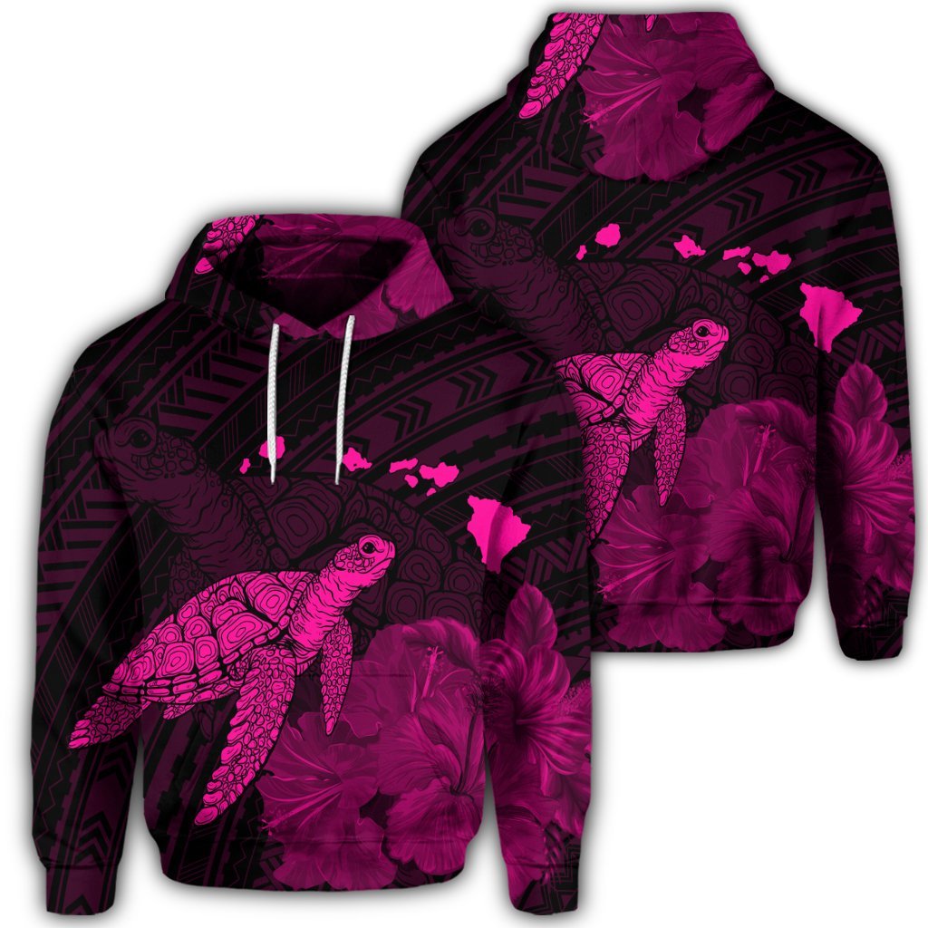 Hawaiian Polynesian Hibiscus Turtle Map Hoodie Pink Unisex Art - Polynesian Pride