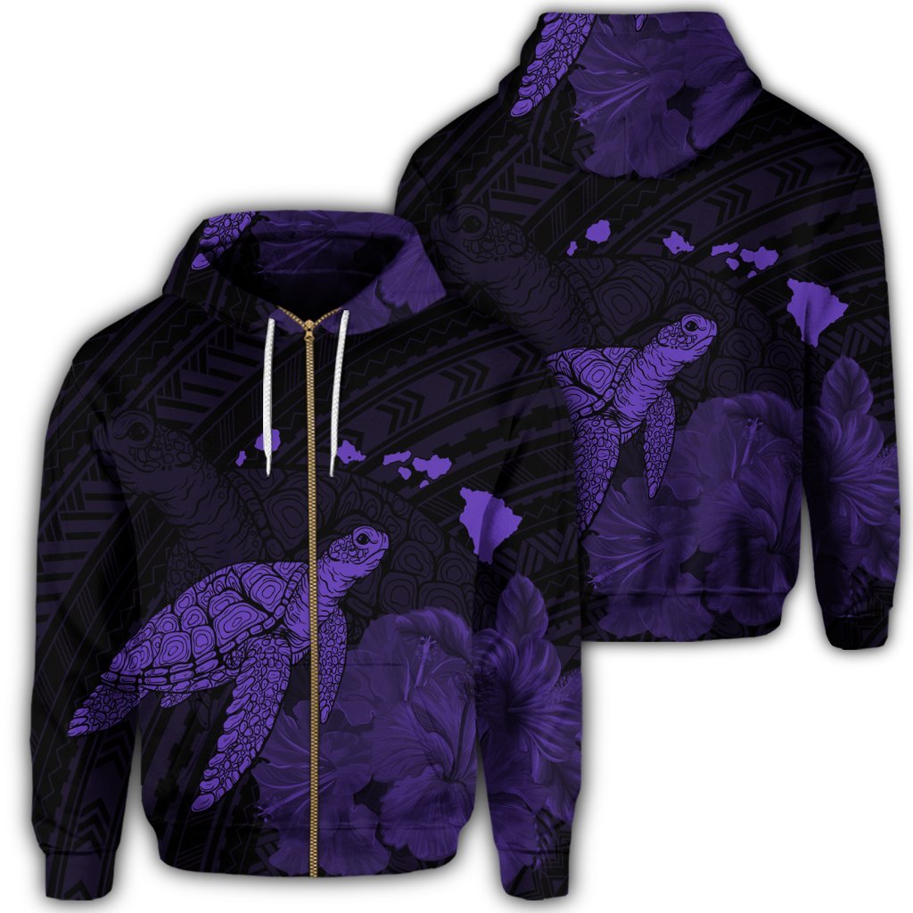 Hawaii Polynesian Hibiscus Turtle Map Zip Hoodie Purple Unisex Art - Polynesian Pride