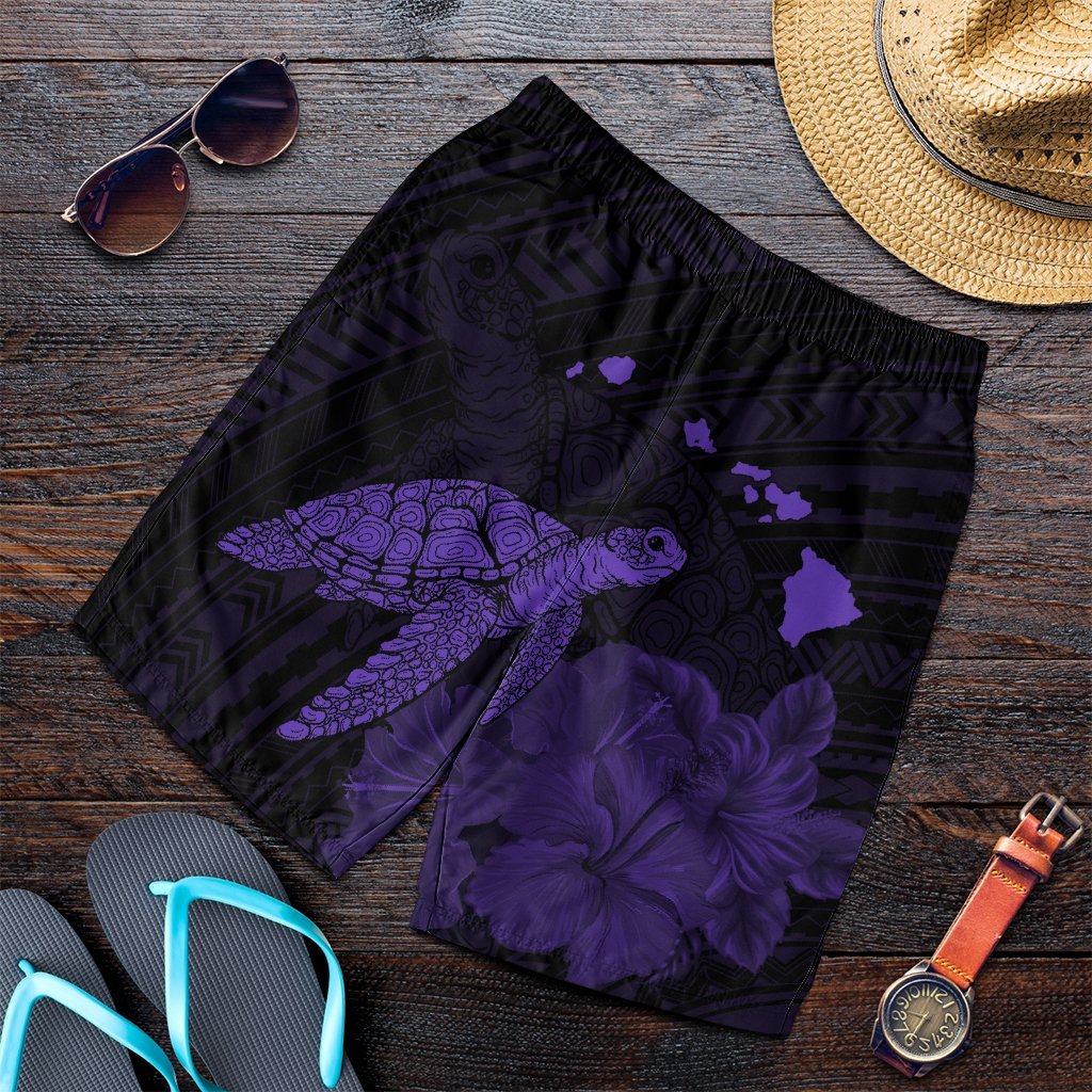 Hawaii Polynesian Hibiscus Turtle Map Men's Shorts Purple - AH Art - Polynesian Pride