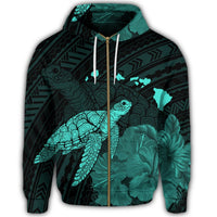 Hawaii Polynesian Hibiscus Turtle Map Zip Hoodie Turquoise - Polynesian Pride