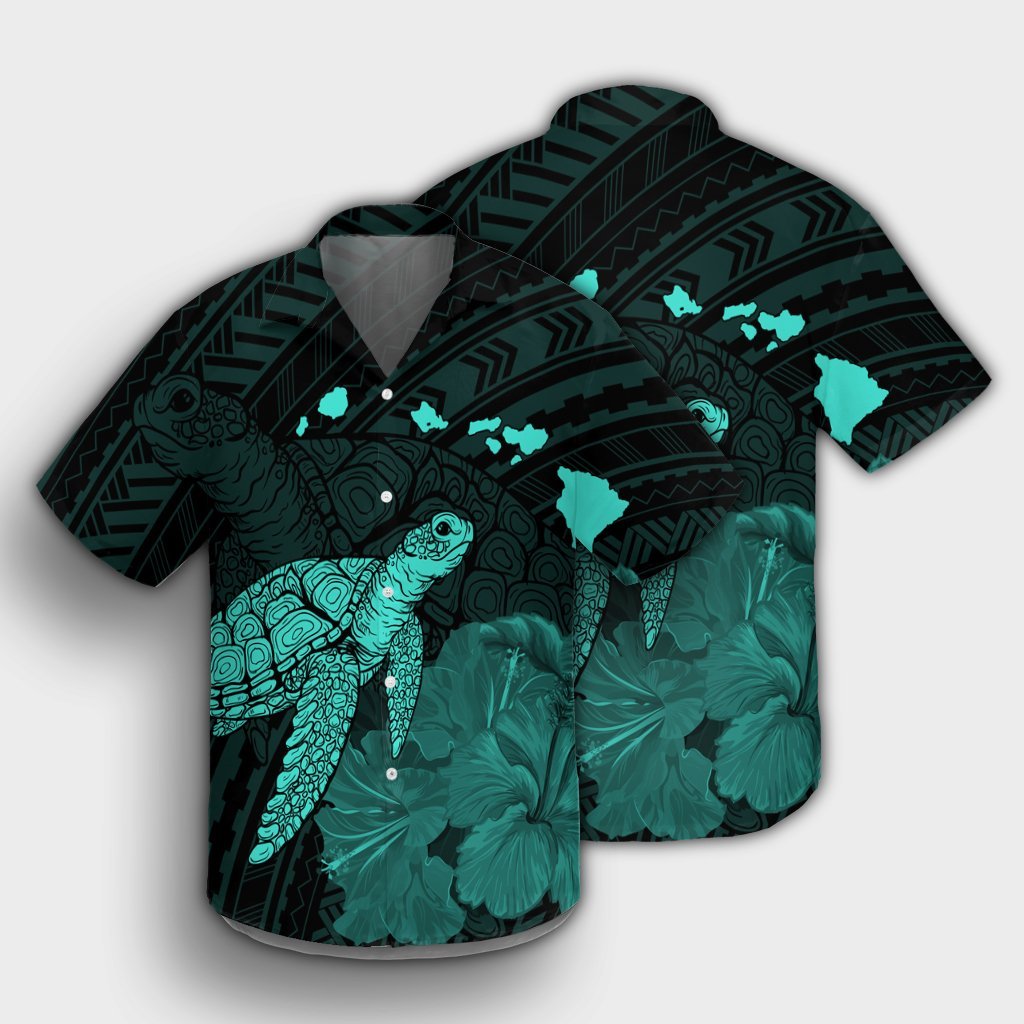 Hawaii Polynesian Hibiscus Turtle Map Hawaiian Shirt Turquoise - AH - Polynesian Pride