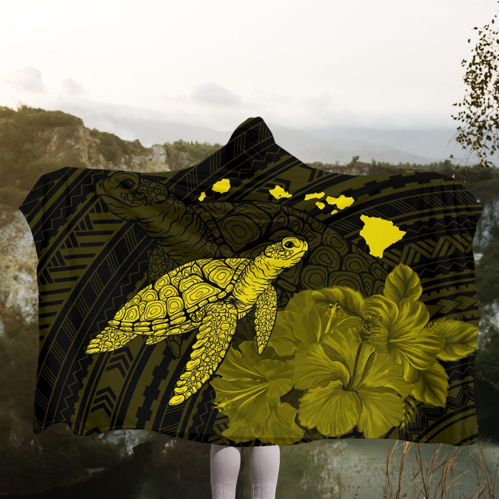 Hawaii Polynesian Hibiscus Turtle Map Hooded Blanket Yellow - AH - Polynesian Pride