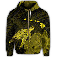 Hawaii Polynesian Hibiscus Turtle Map Zip Hoodie Yellow - Polynesian Pride