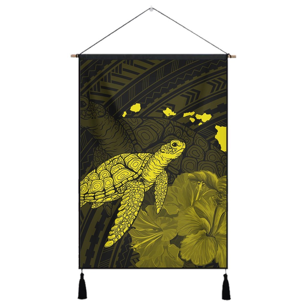 Hawaii Polynesian Hibiscus Turtle Map Hanging Poster Yellow - AH Hanging Poster Cotton And Linen - Polynesian Pride