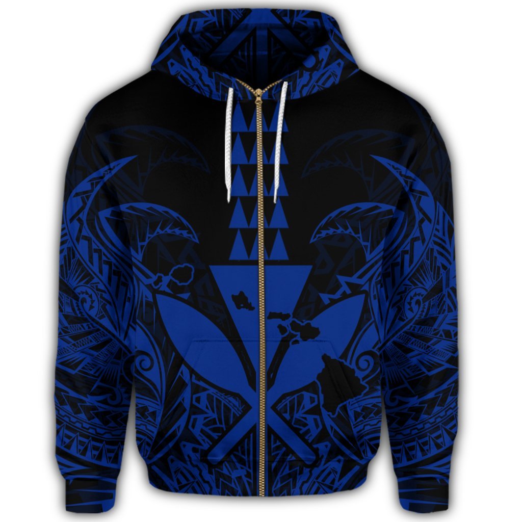 Hawaii Polynesian Zip Hoodie Kanaka Kakau Alan Style Blue - Polynesian Pride