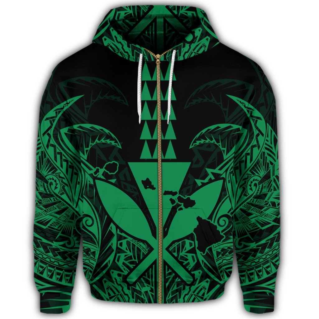 Hawaii Polynesian Zip Hoodie Kanaka Kakau Alan Style Green - Polynesian Pride