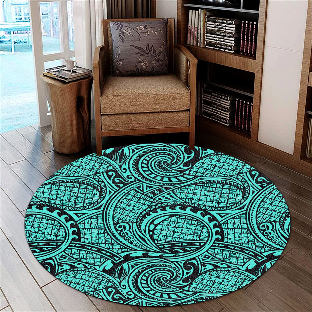 Hawaii Polynesian Maori Lauhala Turquoise Round Carpet - AH Round Carpet Luxurious Plush - Polynesian Pride