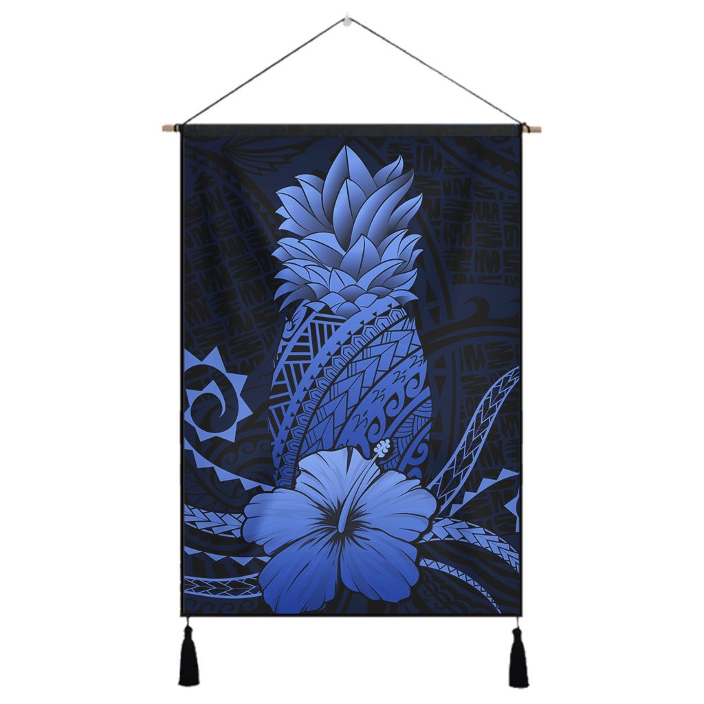 Hawaii Polynesian Pineapple Hibiscus Hanging Poster - Blue - AH Hanging Poster Cotton And Linen - Polynesian Pride