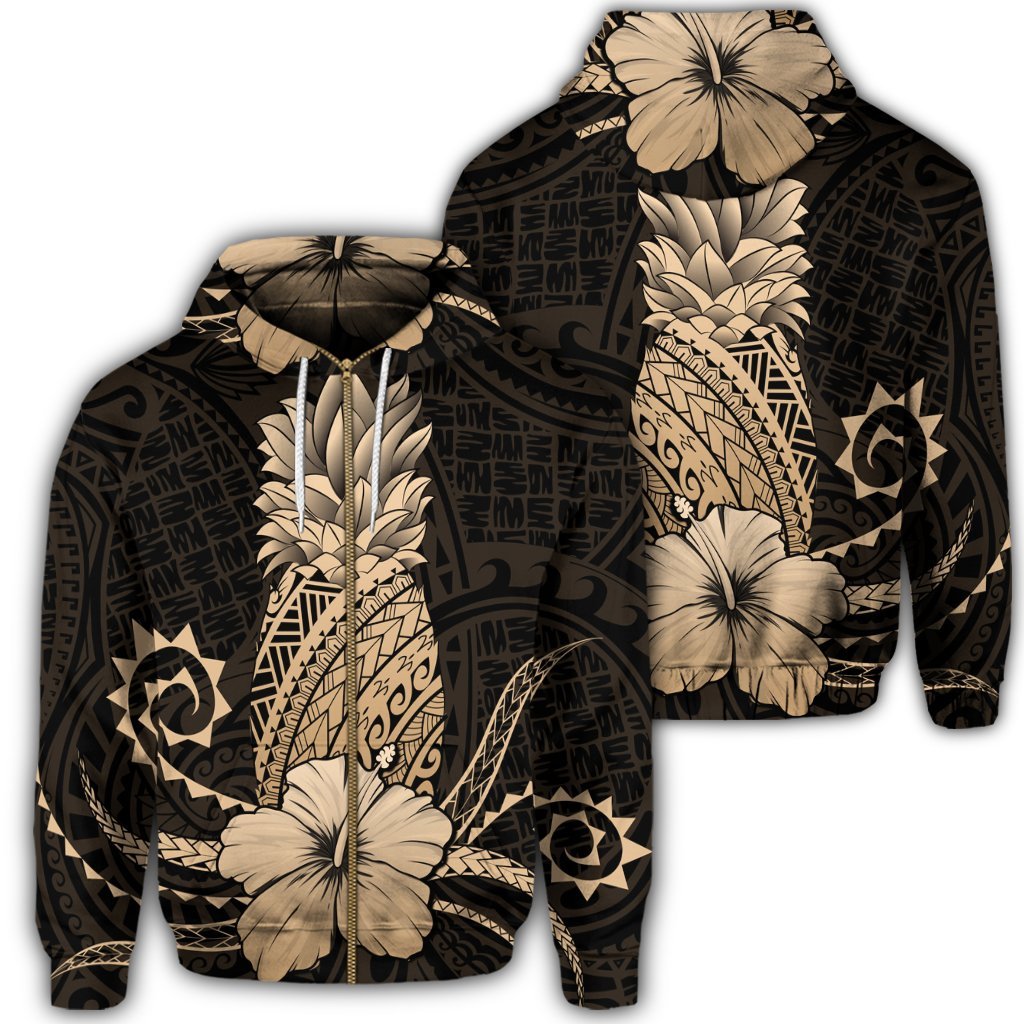 Hawaii Polynesian Zip Hoodie Pineapple Hibiscus Gold Unisex Art - Polynesian Pride