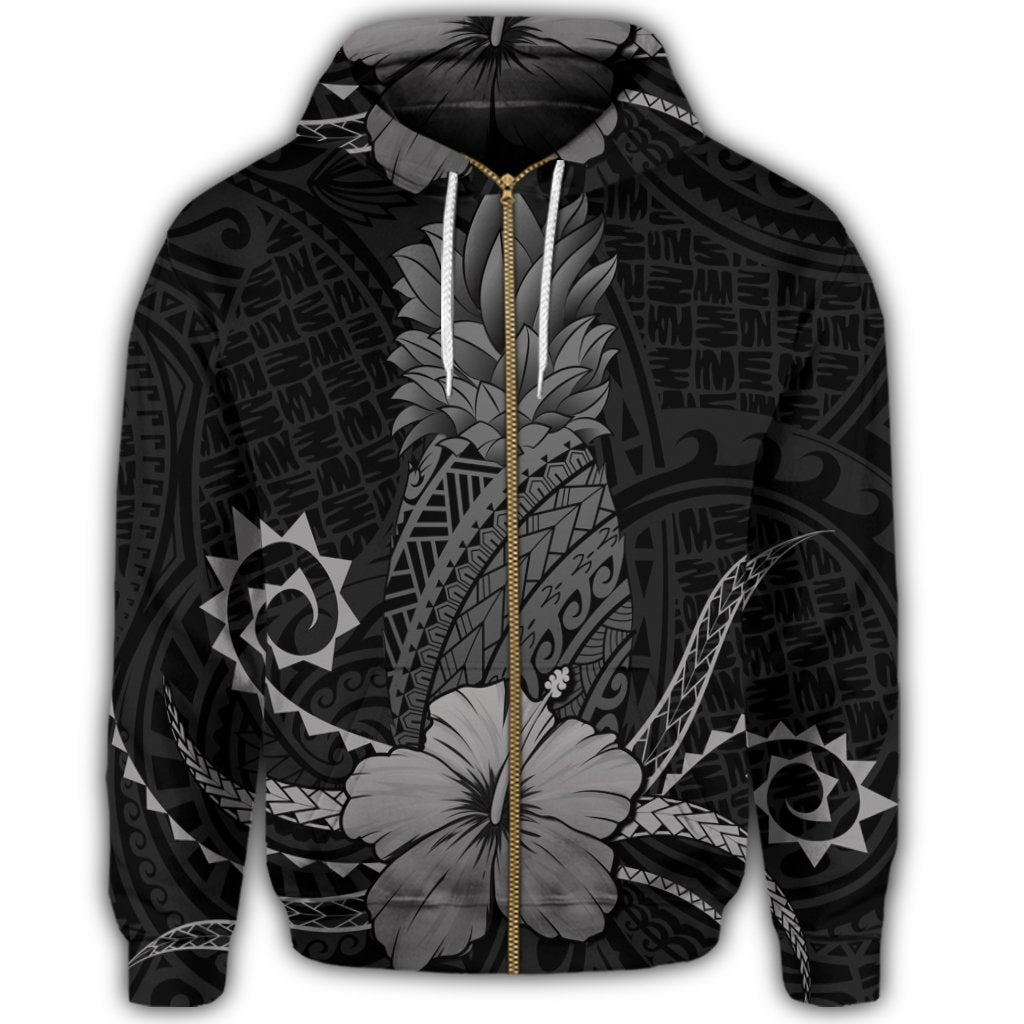 Hawaii Polynesian Zip Hoodie Pineapple Hibiscus Gray - Polynesian Pride
