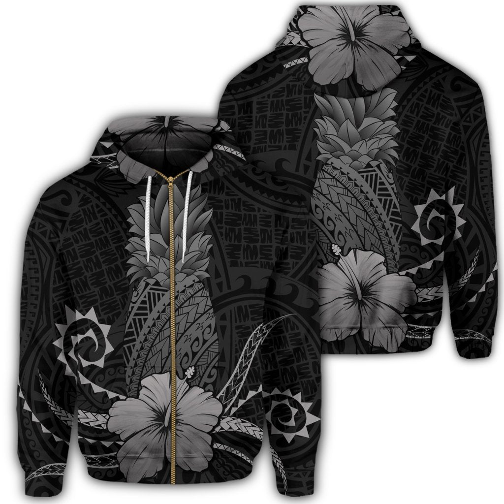 Hawaii Polynesian Zip Hoodie Pineapple Hibiscus Gray Unisex Art - Polynesian Pride