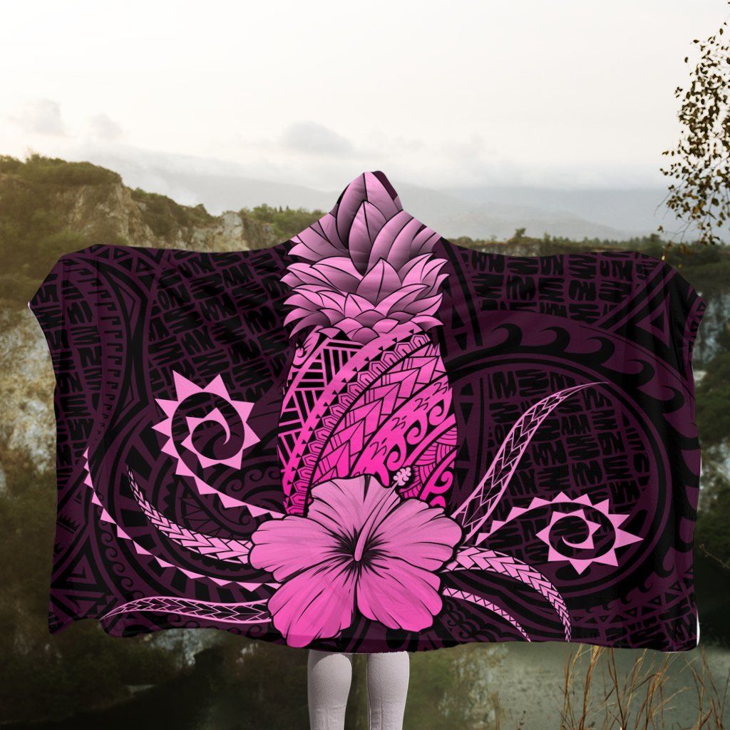 Hawaii Polynesian Pineapple Hibiscus Hooded Blanket - Pink - AH - Polynesian Pride