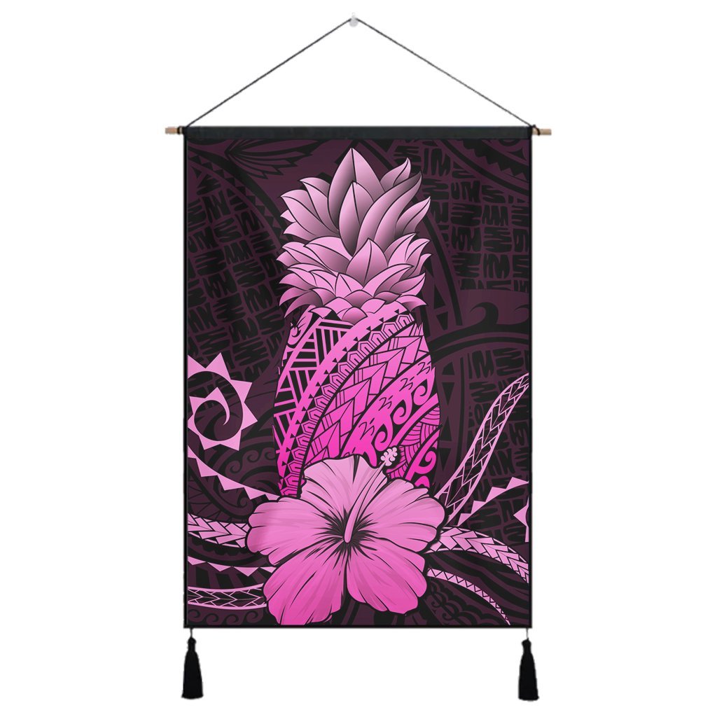 Hawaii Polynesian Pineapple Hibiscus Hanging Poster - Pink - AH Hanging Poster Cotton And Linen - Polynesian Pride
