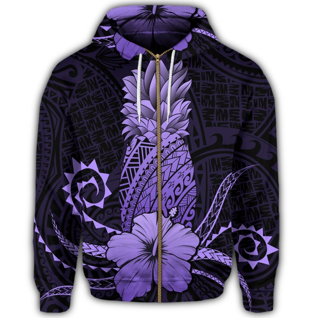 Hawaii Polynesian Zip Hoodie Pineapple Hibiscus Purple - Polynesian Pride